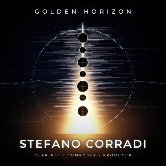 Copertina di Golden Horizon, il clarinetto come colonna di luce dorata nel buio